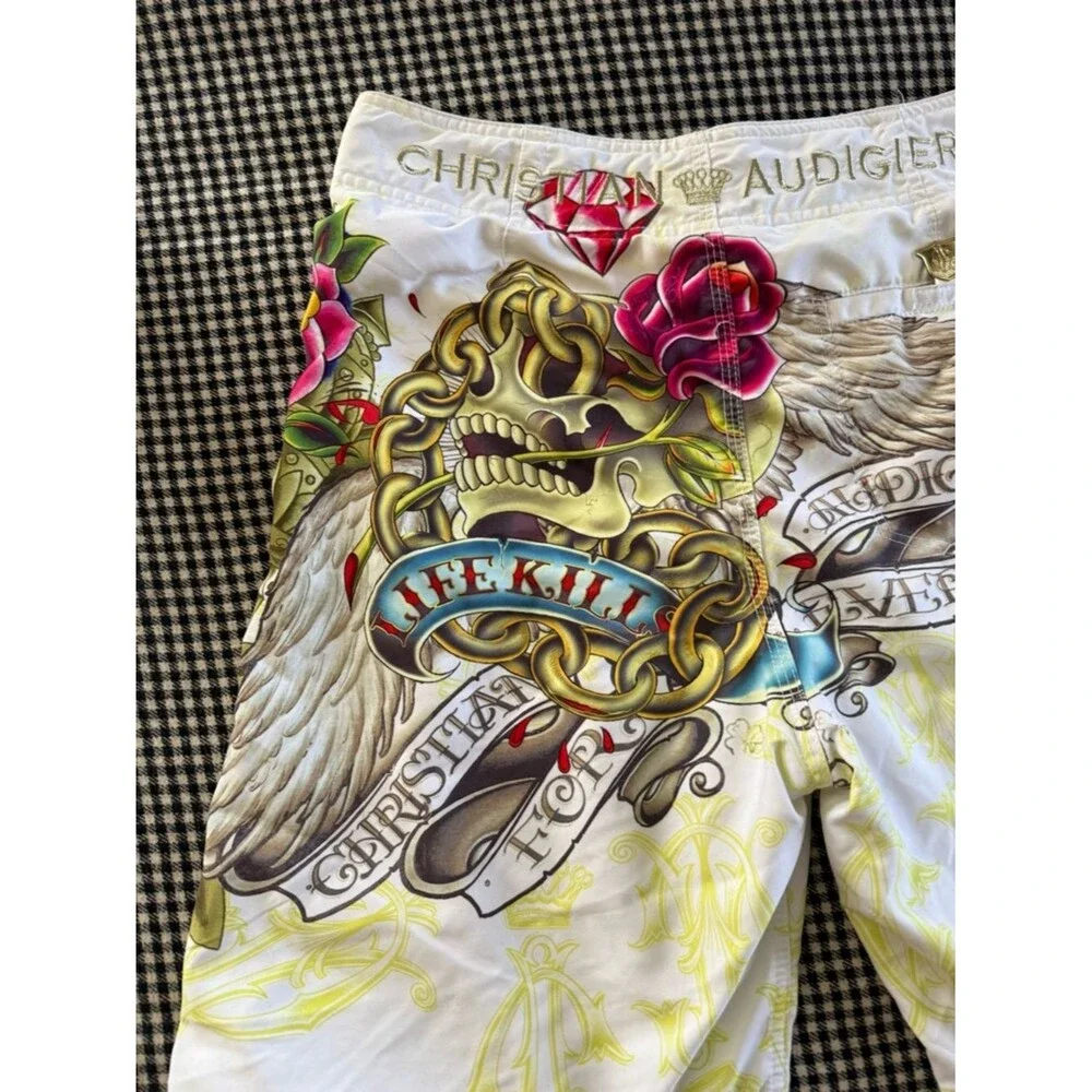 Christian Audigier Tattoo-Print Ed Hardy Board Shorts with Skull/Tiger Y2K! 💀